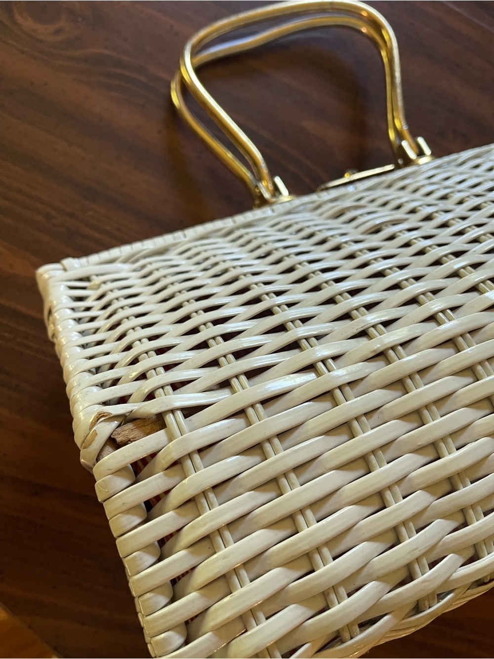 Vintage Woven White Top-Handle Bag with Gold Hardware. 15x5 - Picture 2 of 6